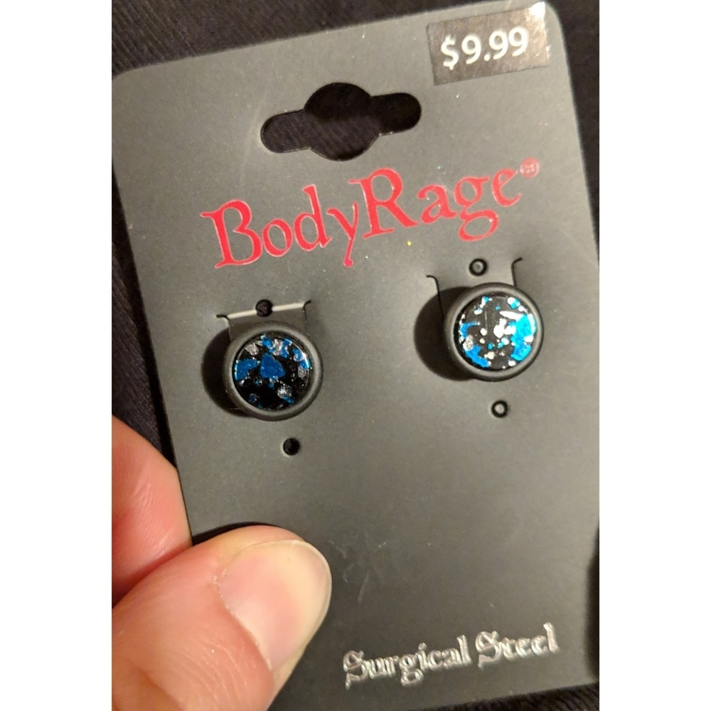 New blue, black, and silver fake plug earrings